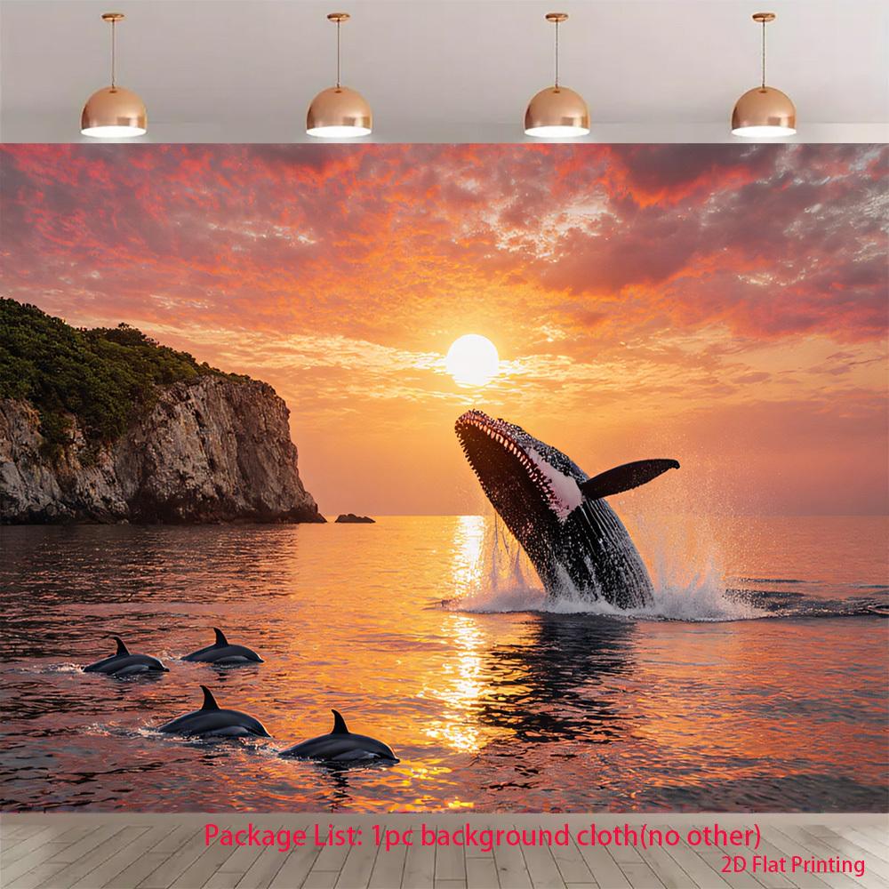 2D plane a decoration featuring a whale jumping out of the ocean at sunset suitable for parties made of polyester fiber (as the picture,100x150cm)