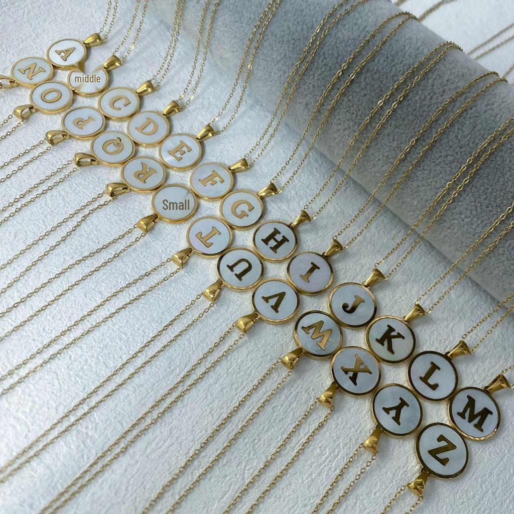 White Stainless Steel Small Round Tag Necklace - 26 Letters, Women's Cold Style Fashion, Versatile Light Luxury, 2025 Collection.