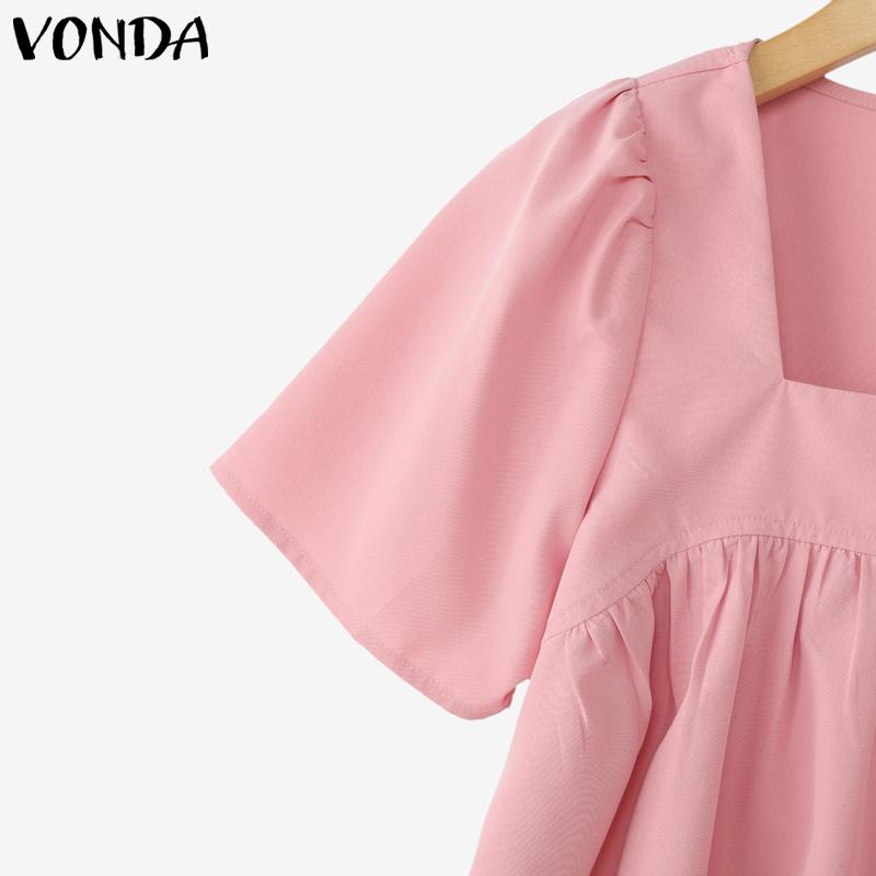 VONDA Women Girls Summer Square Collar Short Sleeve Buttons Casual Ruffled Blouse