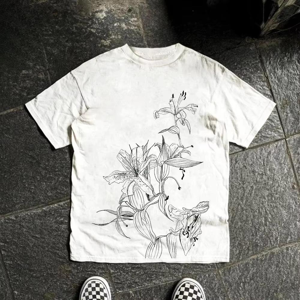 Retro Line Art Iris Flower Graphic Print Cotton Crew Neck Short Sleeve Tshirt Unisex Fresh Preppy Style Personality Casual Tops