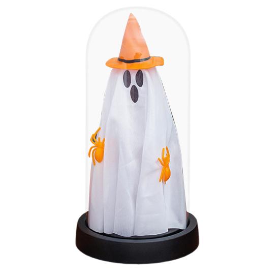 Yousheng Halloween Ghost Decor Light Up Ghost in Glass Cloche with Wood Base Cute Ghost Night Light Decoration for Table Shelf Fireplace Room Decor