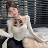 2KWEIRD Square Collar Long Sleeve Bottoming Women Tees Sweet Y2k Aesthetic Bow Sexy Lace Crop Top Japanese Chic Fashion Slim T-Shirts