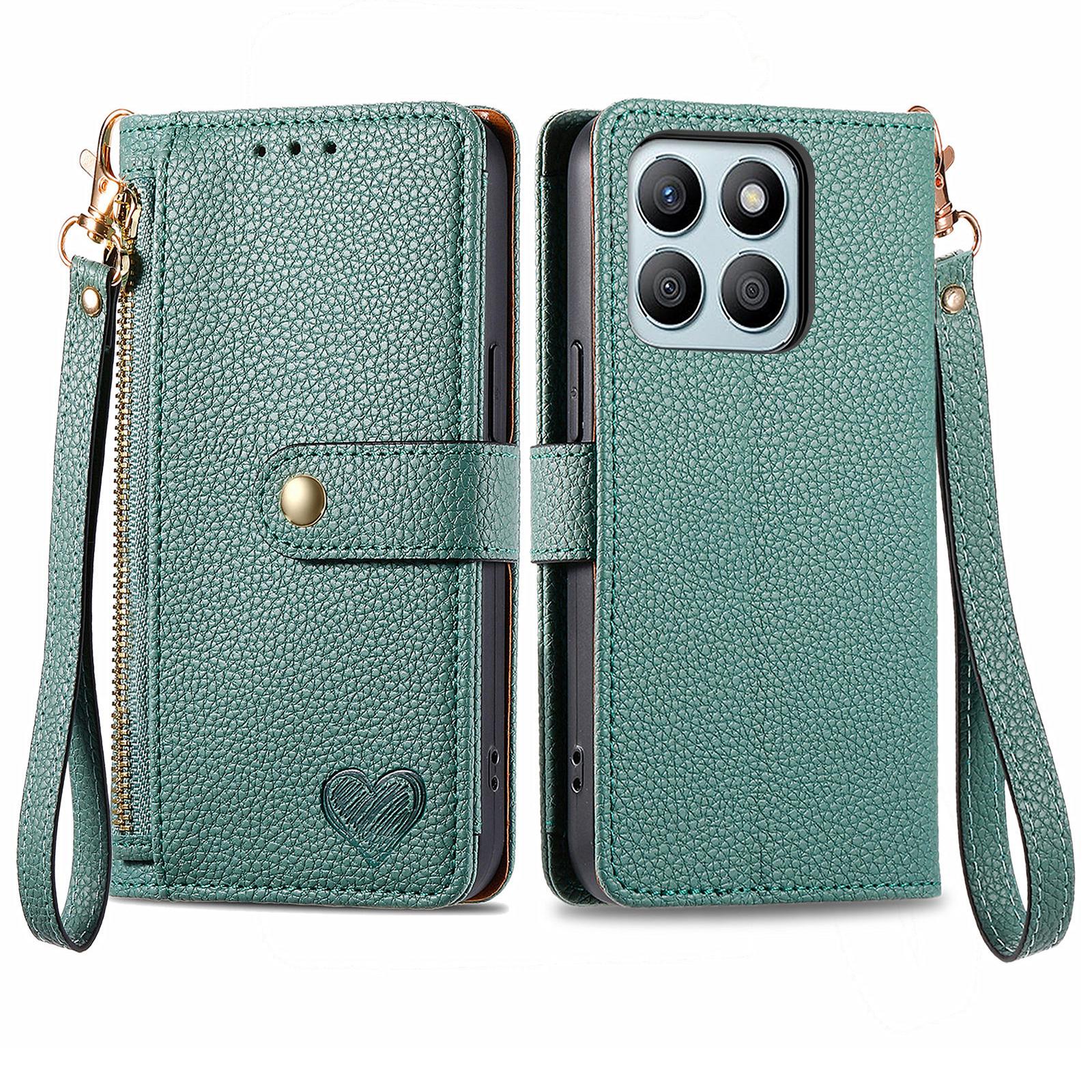 

RFID Blocking Case For Honor X7c 4G/200 Smart 5G/Play 60 Plus 5G Zipper Pocket Leather Wallet Phone Cover Green