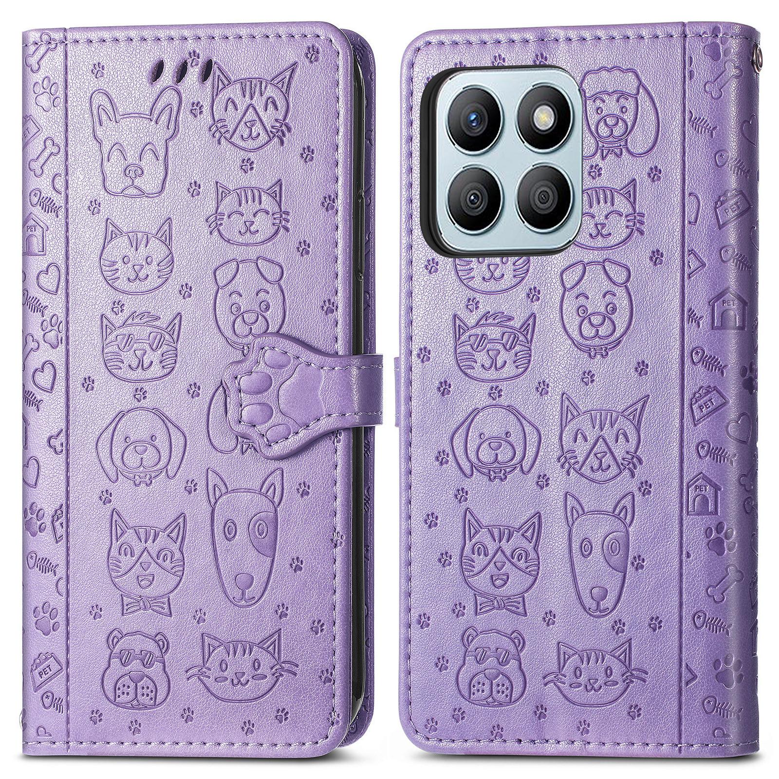 

Leather Case For Honor X7c 4G/200 Smart 5G/Play 60 Plus 5G Wallet Flip Phone Cover Cute Cat Dog Pattern Light Purple