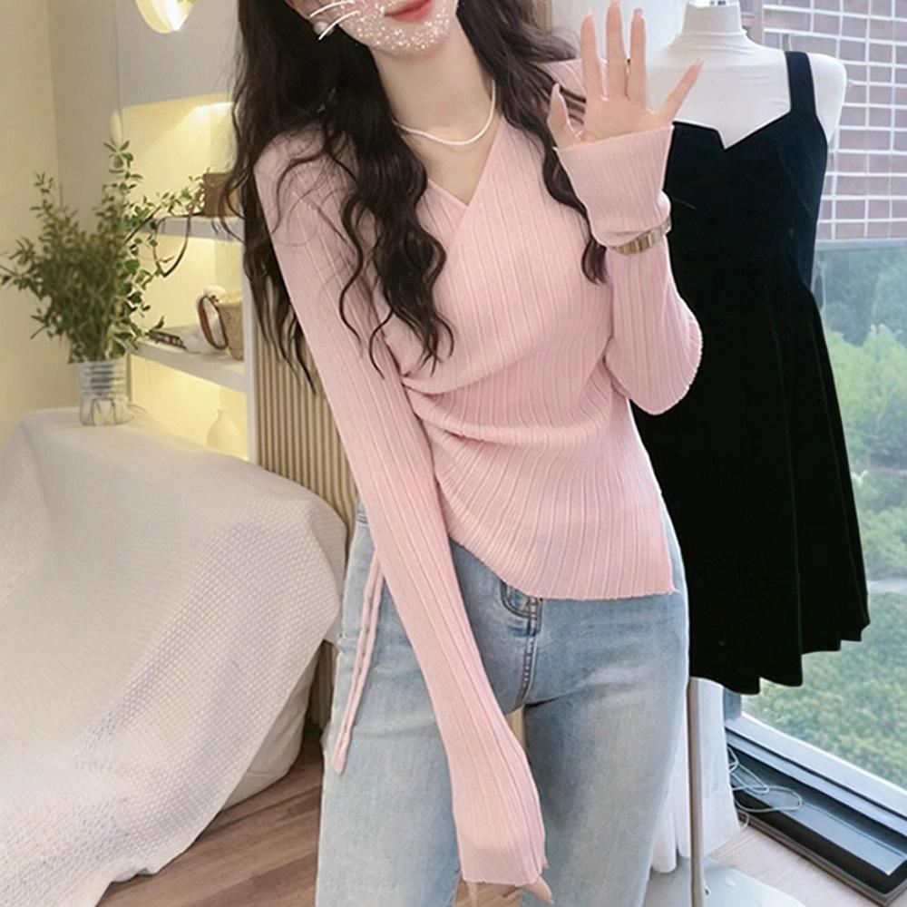Autumn Pink V-neck Knitted Sweater Women's New Women's Clothing Slim-fit Irregular Long-sleeved Shirt