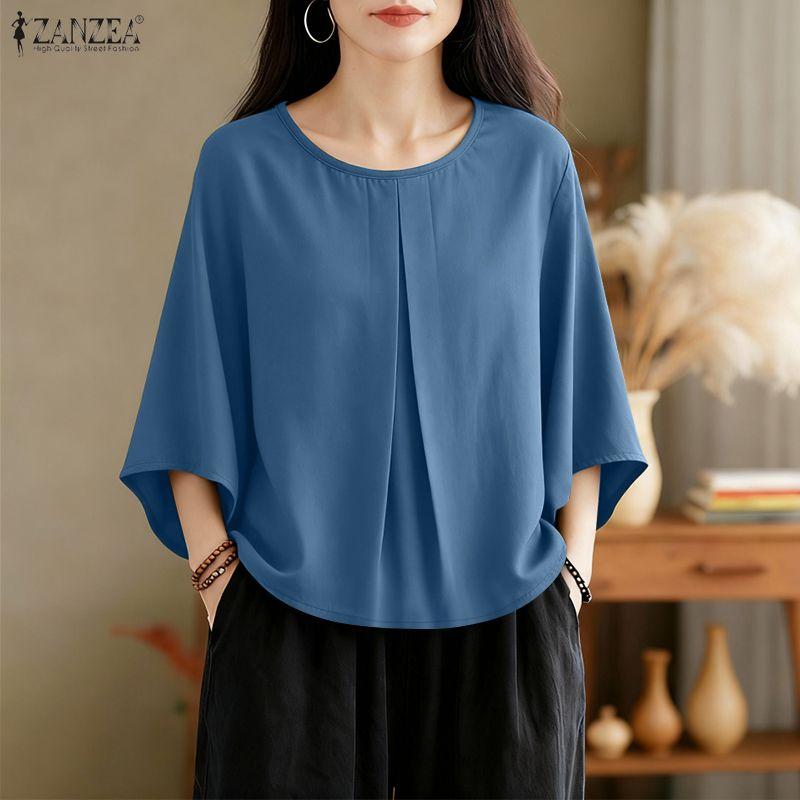 ZANZEA Dámská ležérní halenka s kulatým výstřihem, jednobarevná, s 3/4 rukávy