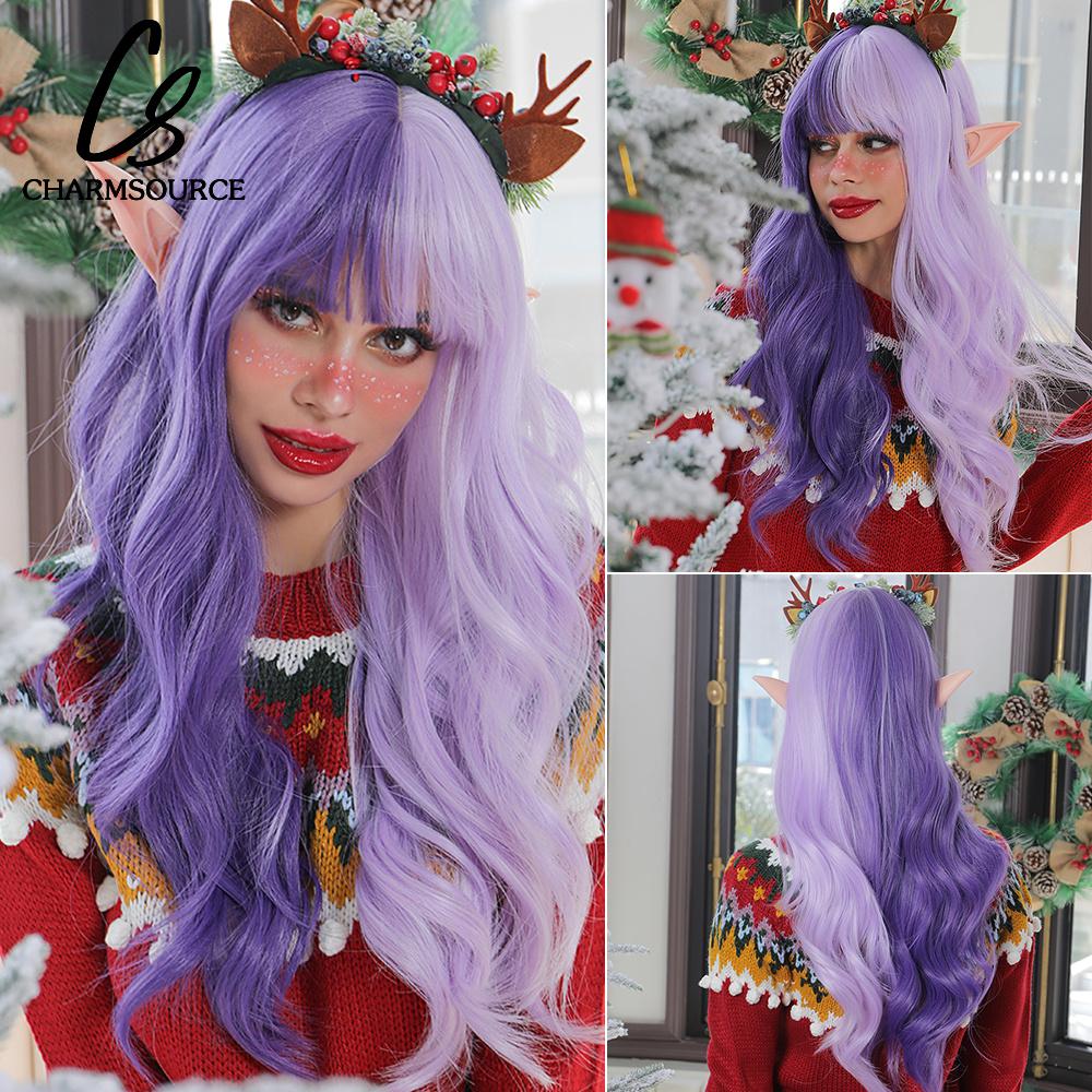 CharmSource Lange natürliche gewellte Perücke mit ordentlichem Pony/Fransen für Frauen, rosa Haar, synthetische Perücken, Cosplay, Party, hitzebeständige Faser