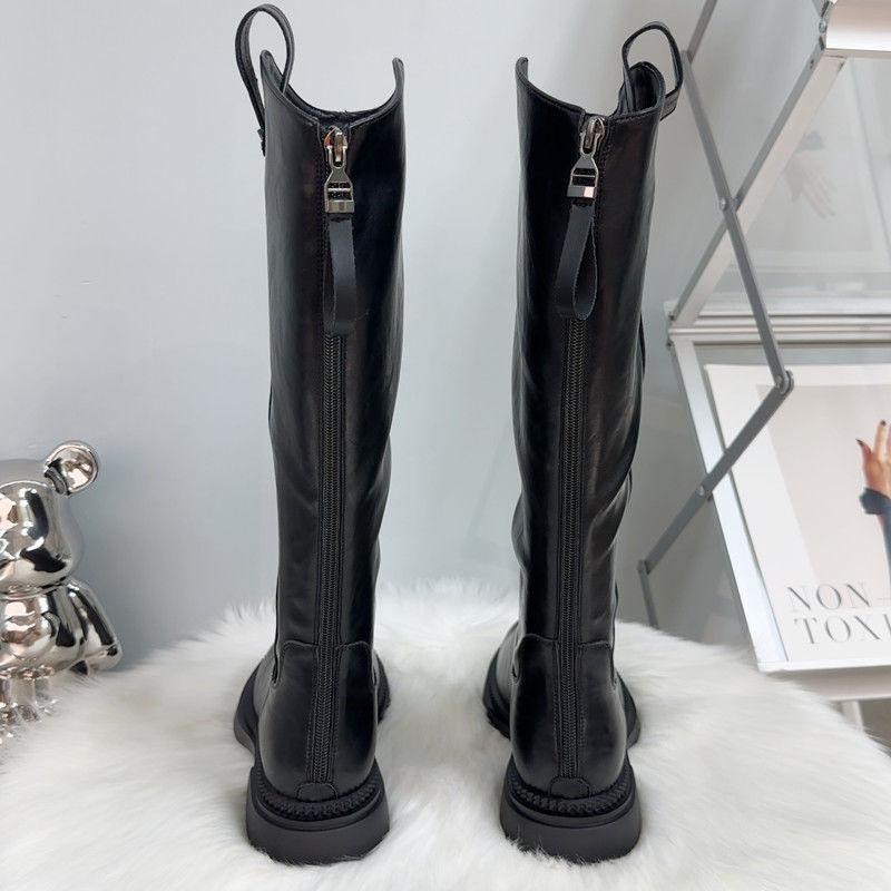 Lange Stiefel Damen Flacher Boden Höhenverstellbar Herbst Neu Britischer Stil Hoher Schaft Dünn Reißverschluss Hinten Ritterstiefel