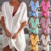Camisa para Mujer Talla Mediana Larga Holgada Color Sólido Manga Corta Cuello Redondo Protección Solar