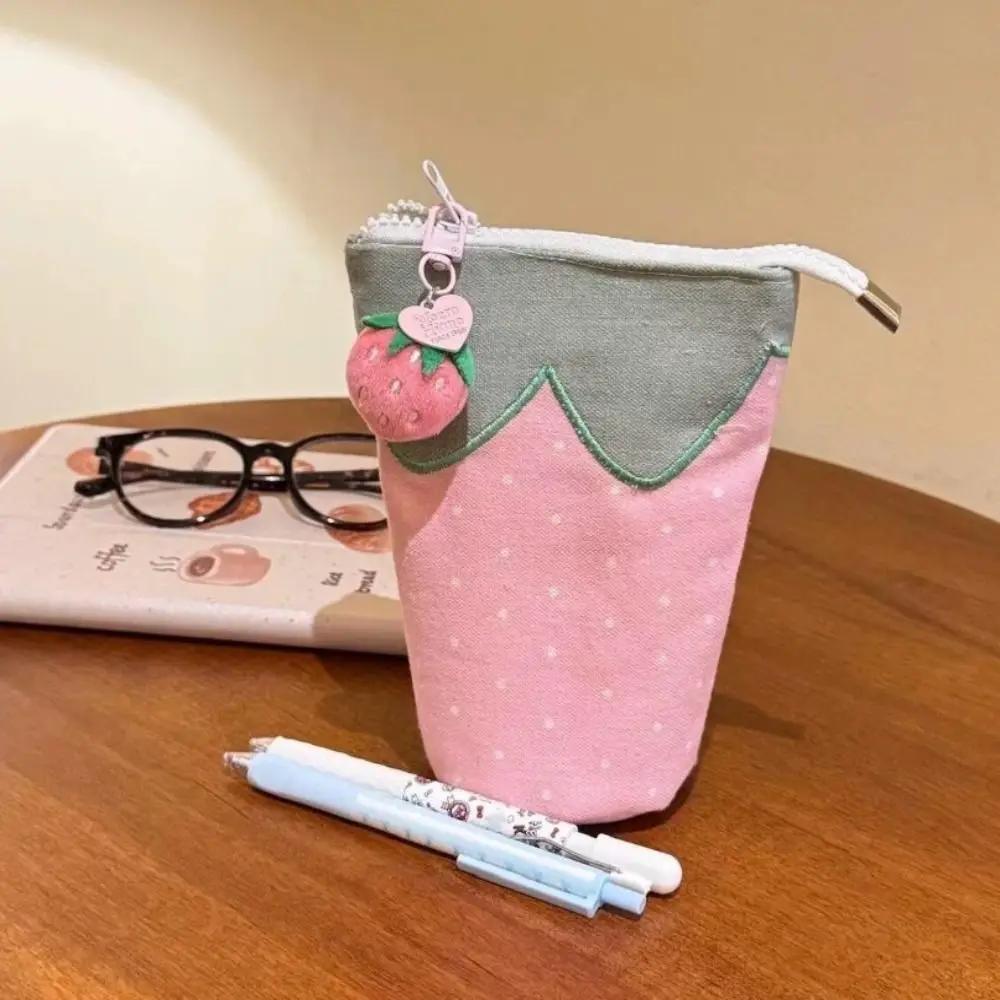 Cute Strawberry Pen Bag Foldable Large Capacity Pencil Holder Cylindrical Stand Up Cartoon Pencil Case Students Supplies