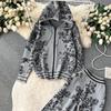 Damen Premium Print Kapuzenpullover Hohe Taille Weite Beinhosen Lässige Sport Strickwaren Zweiteiliges Set Mode Altersreduzierend