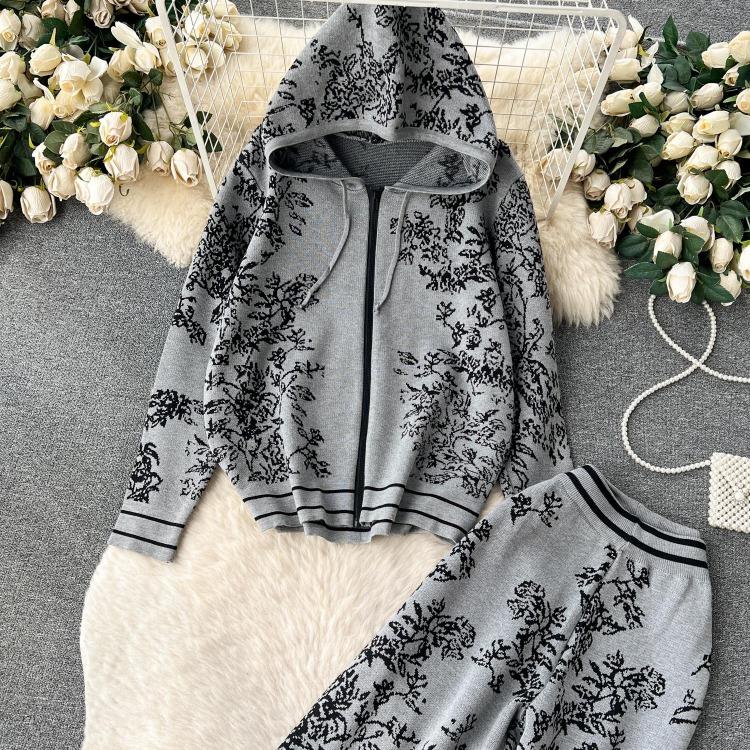Damen Premium Print Kapuzenpullover Hohe Taille Weite Beinhosen Lässige Sport Strickwaren Zweiteiliges Set Mode Altersreduzierend