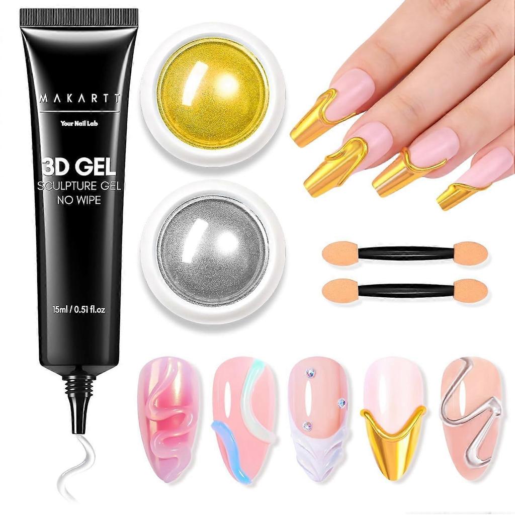 Makartt 3D Gel Nail Art & Chrome Nail Powder Kit: 15g Sculpting Gel for Nail Art No wipe 3D Molding and Metallic Chrome Powder Set for Decoration Ma