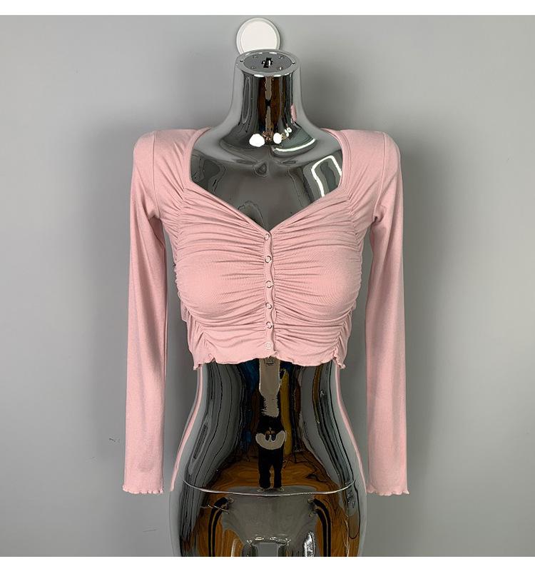 Korean Square Neck Slim Pleated Shoulder Pad Crop Top