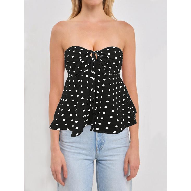 Summer women s stylish printed tank top with tie straps, backless floral polka dot tube top S