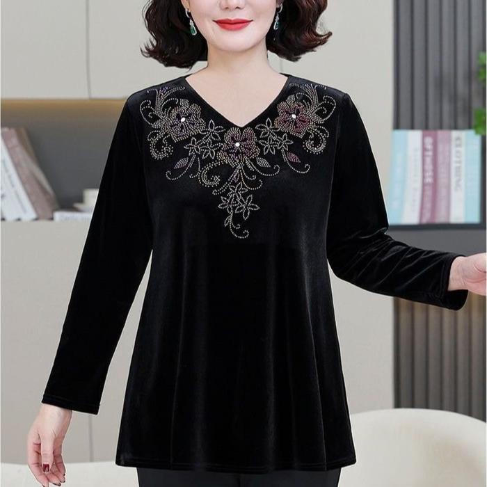 Spring Autumn Women's Plus Size Velvet Blouse Loose Embroidered Long Sleeve Pullover Blouse
