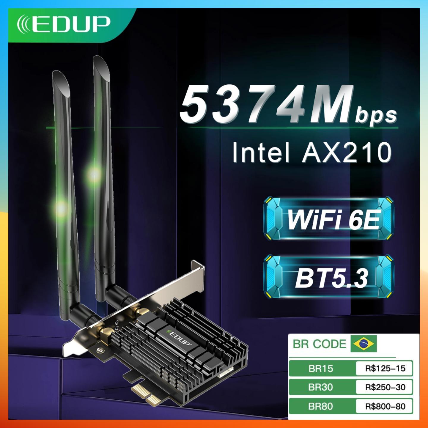 

EDUP WiFi6E Intel AX210 PCIE Wi-Fi-адаптер 5374 Мбит/с Bluetooth5.3 Сетевая карта Wi-Fi 2,4G/5G/6 ГГц PCI Express 802.11AX с MU-MIMO