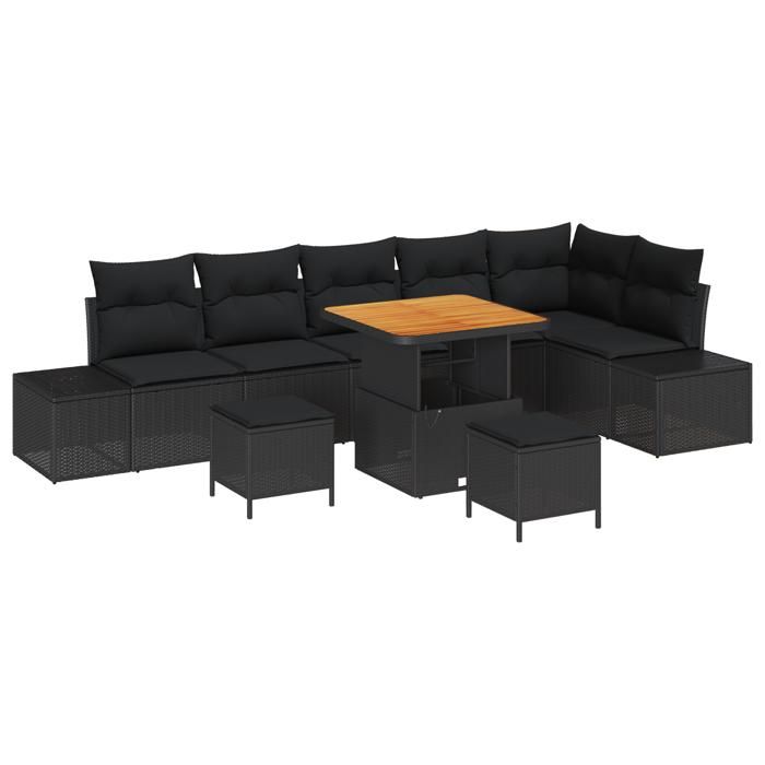 Ensemble de canapé de jardin 9 pièces avec coussins Noirs en Rotin Poly Acacia, Canapé de jardin 2 places avec coussins 3362799