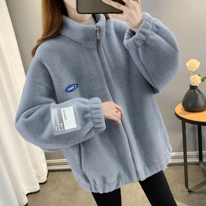 Coat for Women Fleece Thickened Plush Autumn Winter Stand Collar Top Oversize Casual Zipper Jacket