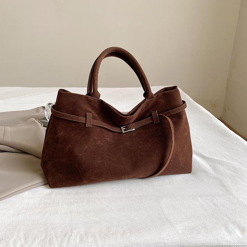 Designer Suede Tote Bag,Vintage Large Capacity Belt Buckle Women Top Handle Handbag,Retro Coffee Color Underarm Shoulder Bag