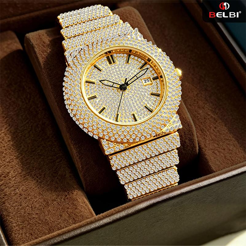 Damen Strass Uhren Hip Hop Stil Diamantbesetzte Quarz Armbanduhr Wasserdichte Schmuckuhr für Sie