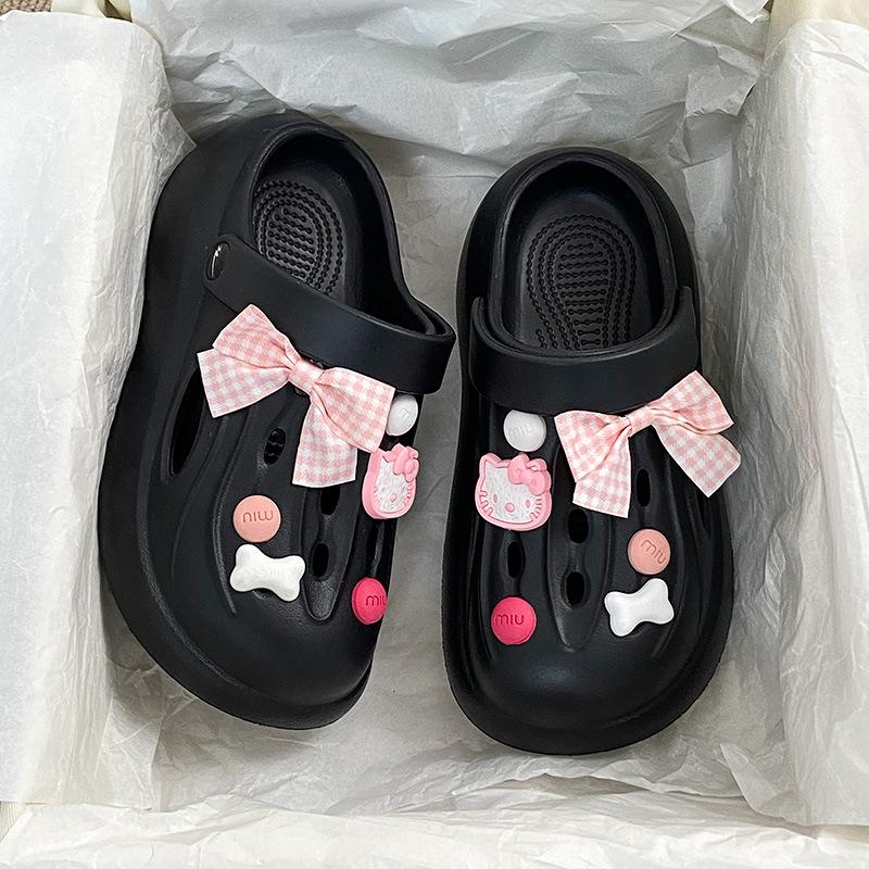 Fashion Cartoon Cute Bow Cave Shoes For Women 2025 Summer New Students Wear Sweet Cool Sandals Outside Thick Soled Womens Slippers