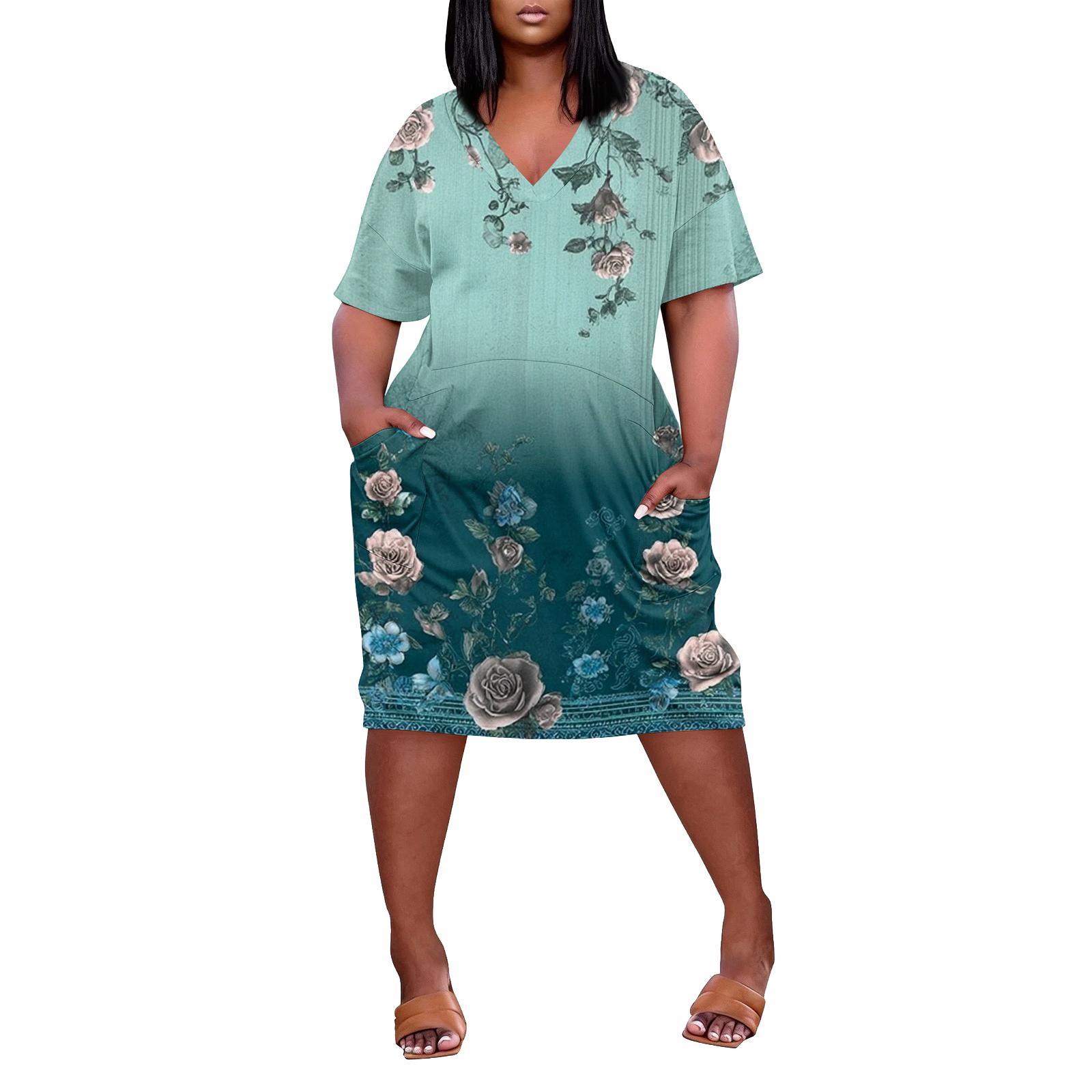 

Women’s V Neck Short Sleeve Casual Dress with Floral Print Relaxed Fit Knee Length Soft Fabric and Pockets XL фіолетовий