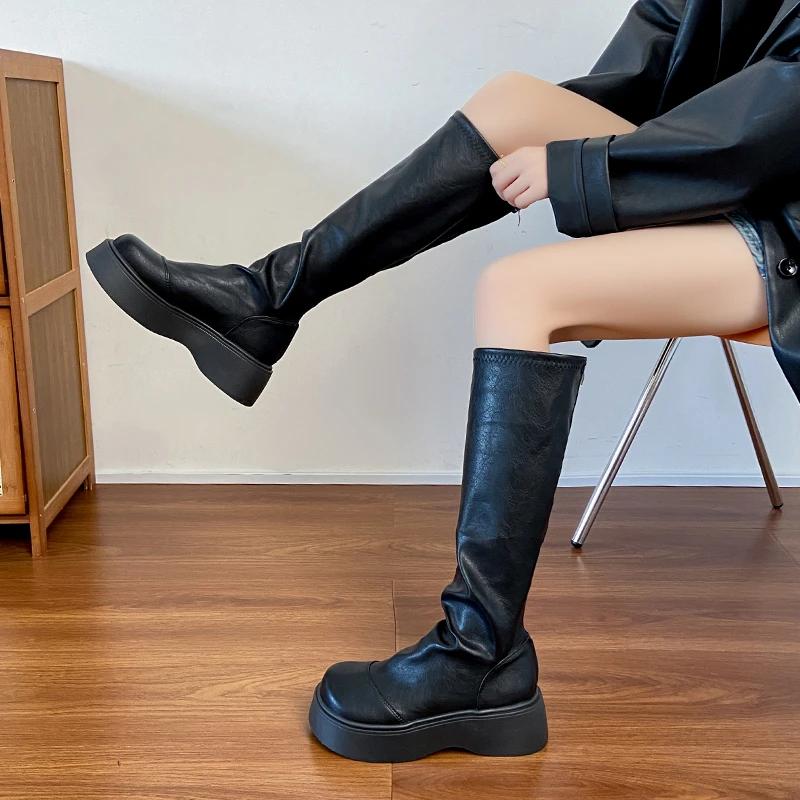 Autumn Winter Platform Thick Sole Women Knee High Boots Cosy Soft Leather Street Style  Mordern Long Booties Zapatos De Mujes