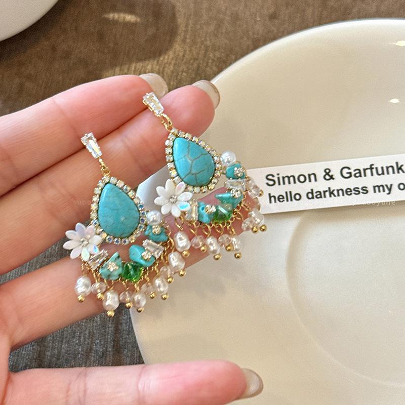 

Silver needle zircon flower pearl pendant earrings retro ethnic style fashion stud earrings seaside vacation style earrings