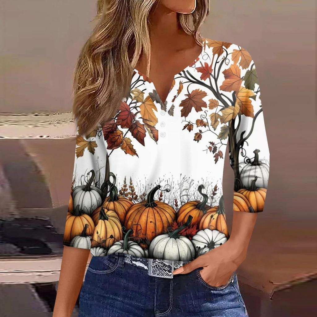 Damen-T-Shirt mit Halloween-Aufdruck und Knopfleiste, 3/4-Ärmel, modisch für den Alltag und das Wochenende, Basic, V-Ausschnitt, normales Oberteil
