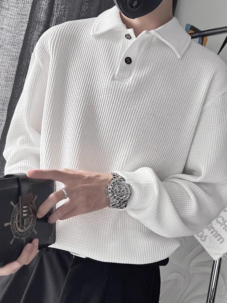 Men's White Oversized Waffle Polo - Autumn/Winter Heavyweight Turn-Down Collar Outerwear