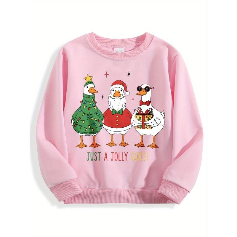 European sizes Christmas Sweater with Goose & Duck Santa Print - Just A Jolly Goose Holiday Party Outfit, Long Sleeve Winter Sweater for Kids
