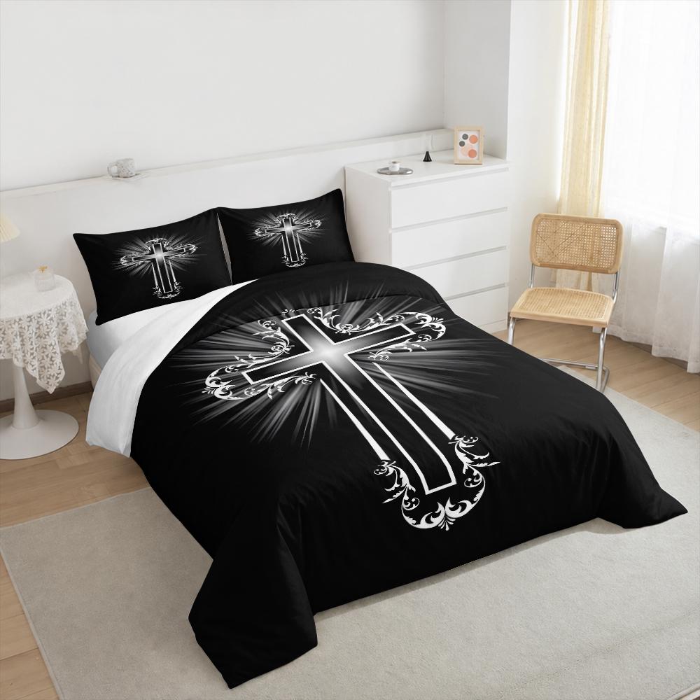 Ornate Christian Cross Bedding set (1 duvet cover, 2 pillowcases, duvet not included), Glowing Silver Rays Black Faith Art Print