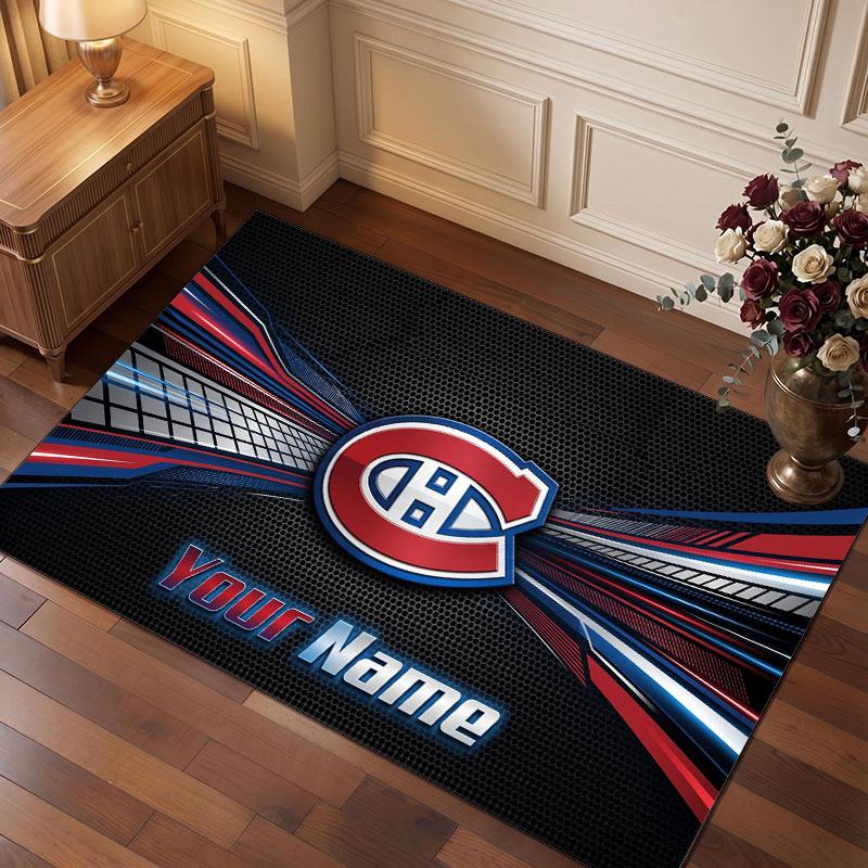Montreal Canadiens Personalized Crystal Velvet Carpet, Customized Name Text Soft Anti‑Slip Rug for Living Room Bedroom