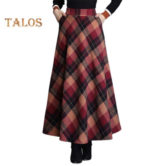 

Женская шерстяная юбка с высокой талией и клетчатым принтом, юбка-трапеция, осень-зима, утолщенная юбка с большим подолом, повседневная одежда L красный
