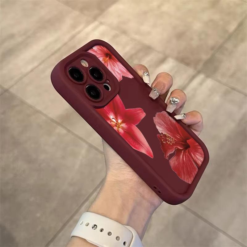 Wine Red Flower Print Soft Phone Case For iPhone 16 15 Pro Max 14 15 Plus 13 12 11 16E XR X XS Max 8 7 Plus SE2 Shockproof Cover