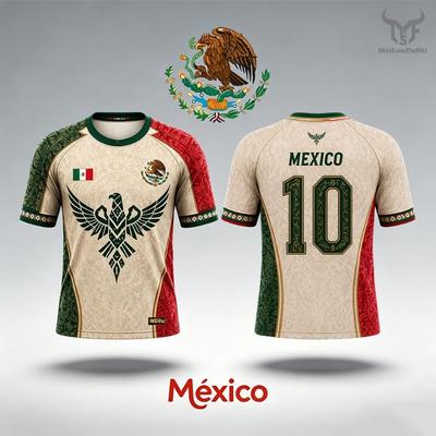 Camisa de Futebol Masculina 2026 Estampa Bandeira Mexicana Padrão Asteca Secagem Rápida Respirável Camiseta de Treino Casual Manga Curta