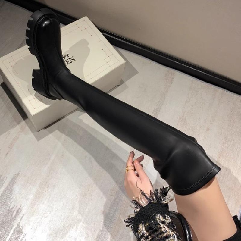 Over-knee Boots Women's Elastic Black Tall Boots Thick-soled New Winter Velvet Boots Look Thin
