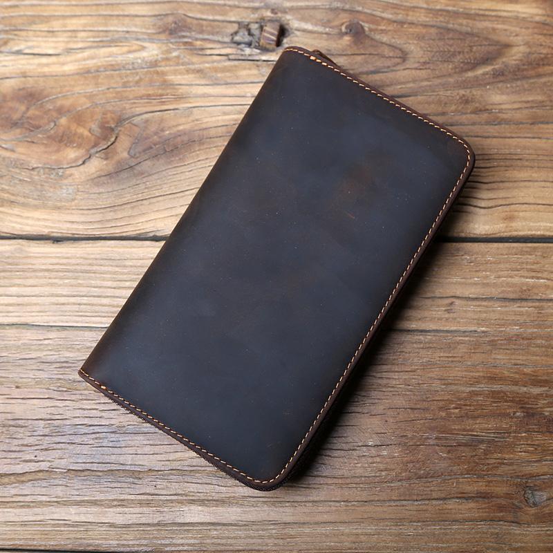 

NZPJ Vintage Men Long Leather Wallet Crazy Horse Leather Mobile Bag Natural Cowhide Clutch Bag Multi Functional Wallet Card Bag