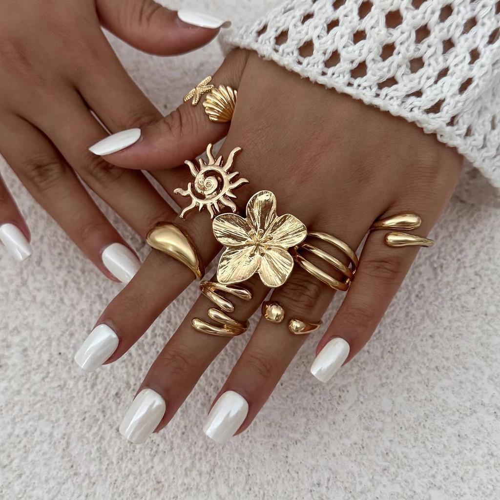 Ingemark 8Pcs/Set Creative Sunflower Scallop Open Rings for Women New Trend Vintage Irregular Water Drop Ring Couple Jewelry Men
