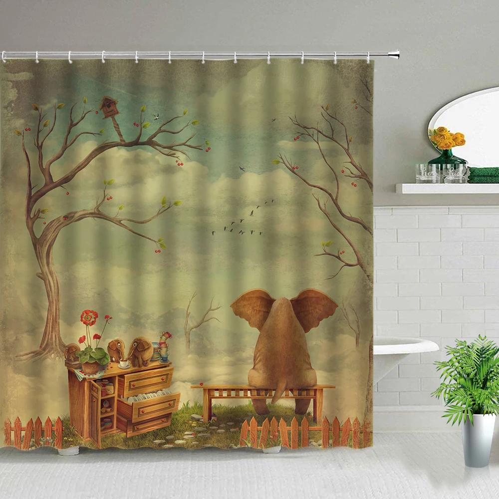 Creative Animal Elephant Printed Pattern Shower Curtains Waterproof Bath Curtain Home Bathroom Decor Polyester Fabric with Hooks