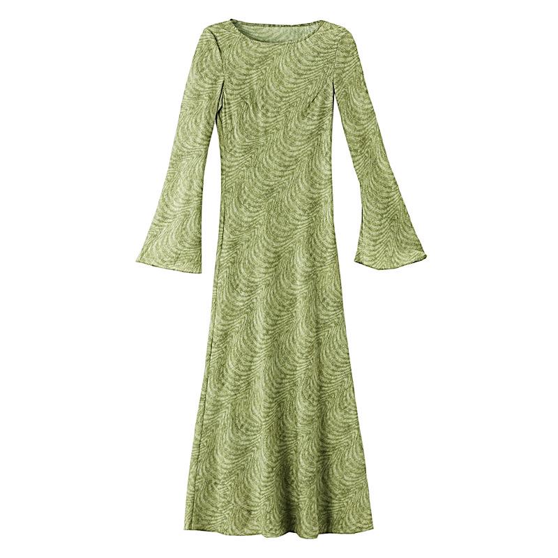 Green Field Slimming French Retro Bodycon Dress - Elegant Ribbed Long Sleeve S