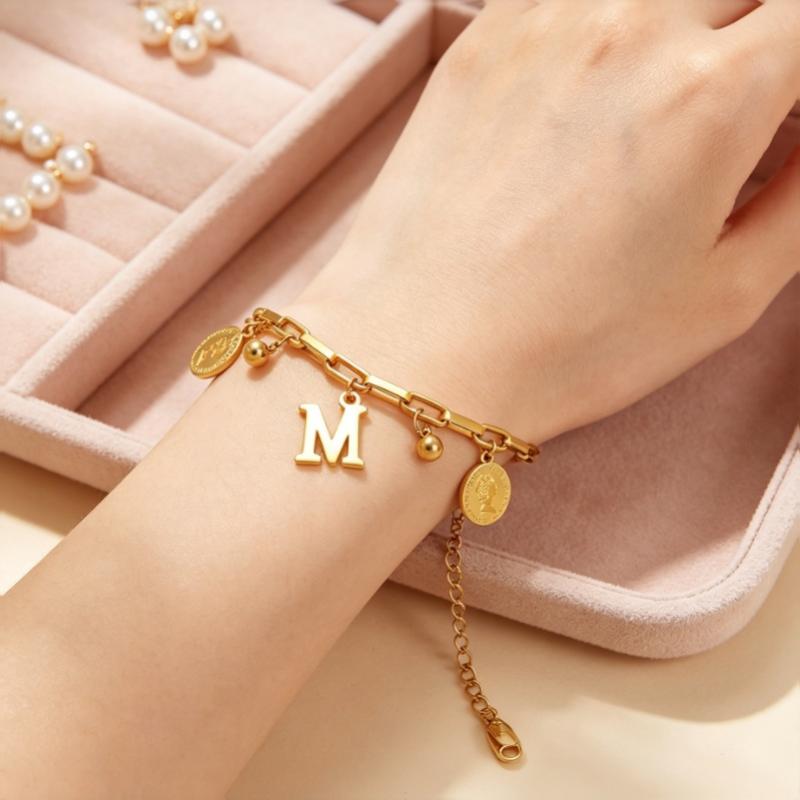 1Pcs Gold Plated Titanium Steel Bracelet With Initial M Charm And Coin Pendants Perfect For Daily Wear Gift For Women