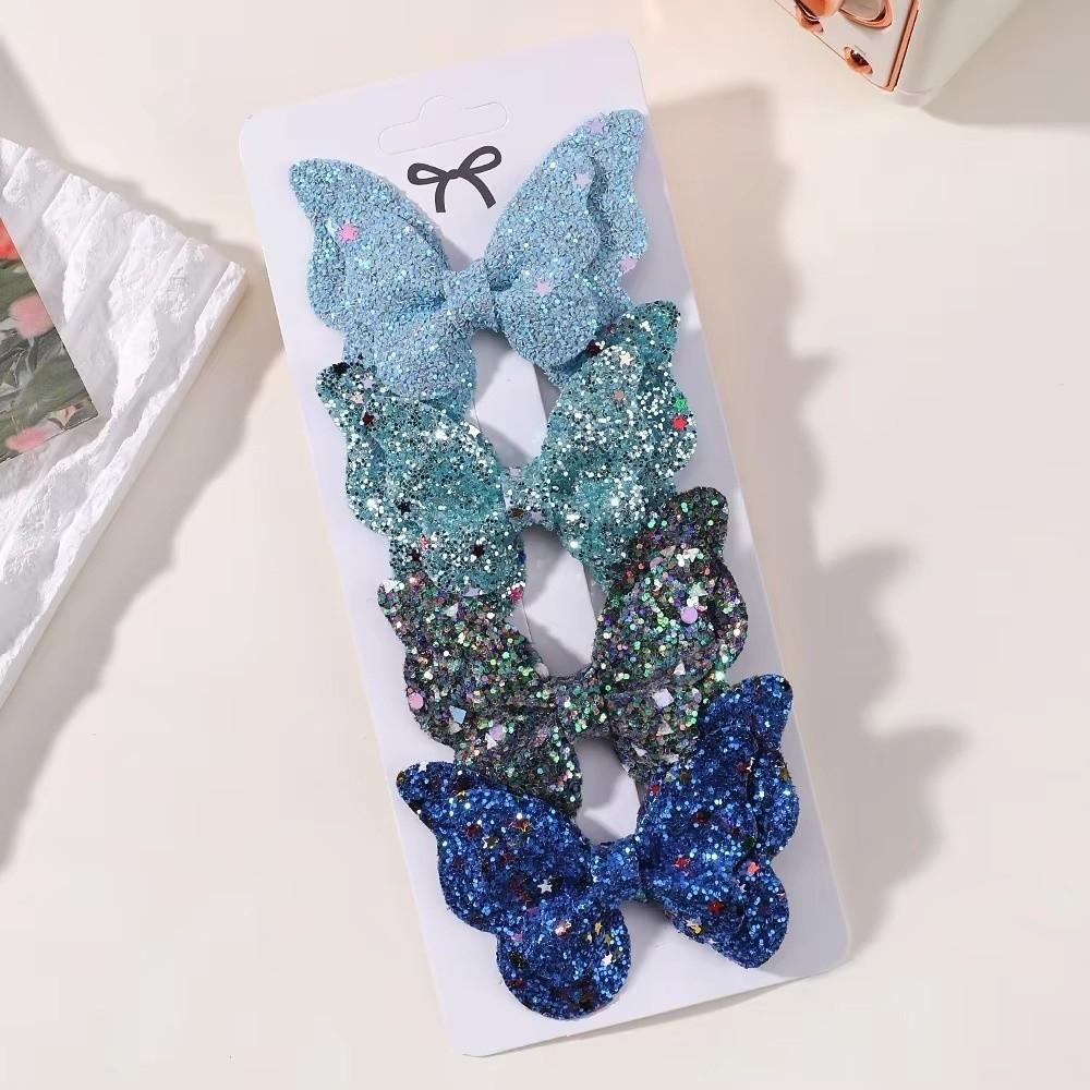 4Pcs Double Butterfly Design Glitter Hair Clip Colorful Glitter Ribbons Sequins Hair Clip Women