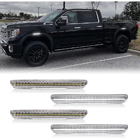 4 PCS Smoked Lens LED Side Marker Lights Replacement For Sierra 2500HD 3500HD     2024 2025, Front & Rear Side Marker Lamp Assembly Kit (Smoked Lens