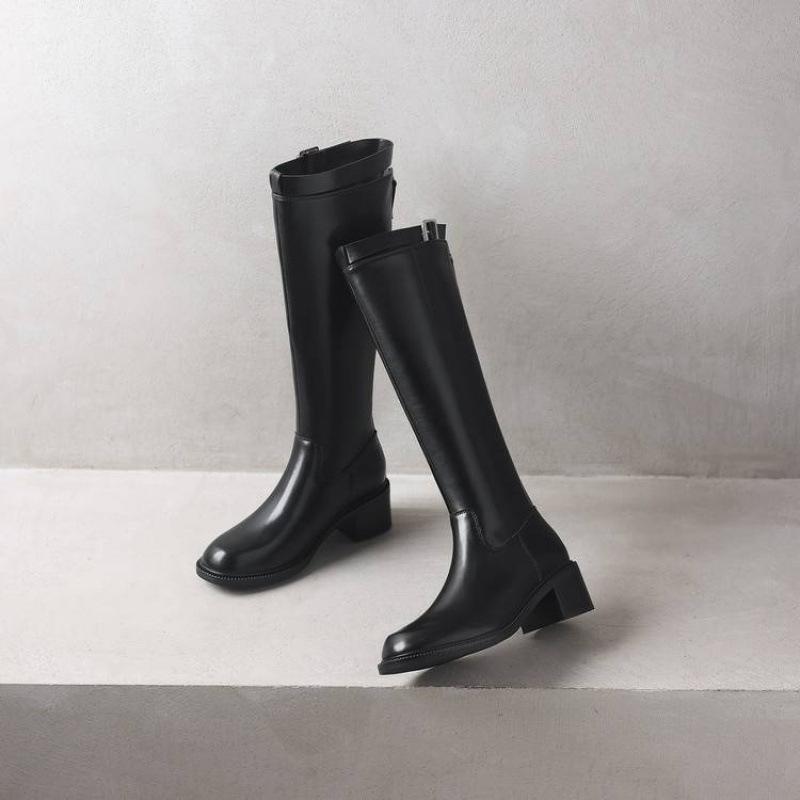 Autumn and Winter Solid Color Leather Women's Fashion Boots High Heel Large Size Women's Boots Rubber Sole Square Head Zipper Cowhide High Boots