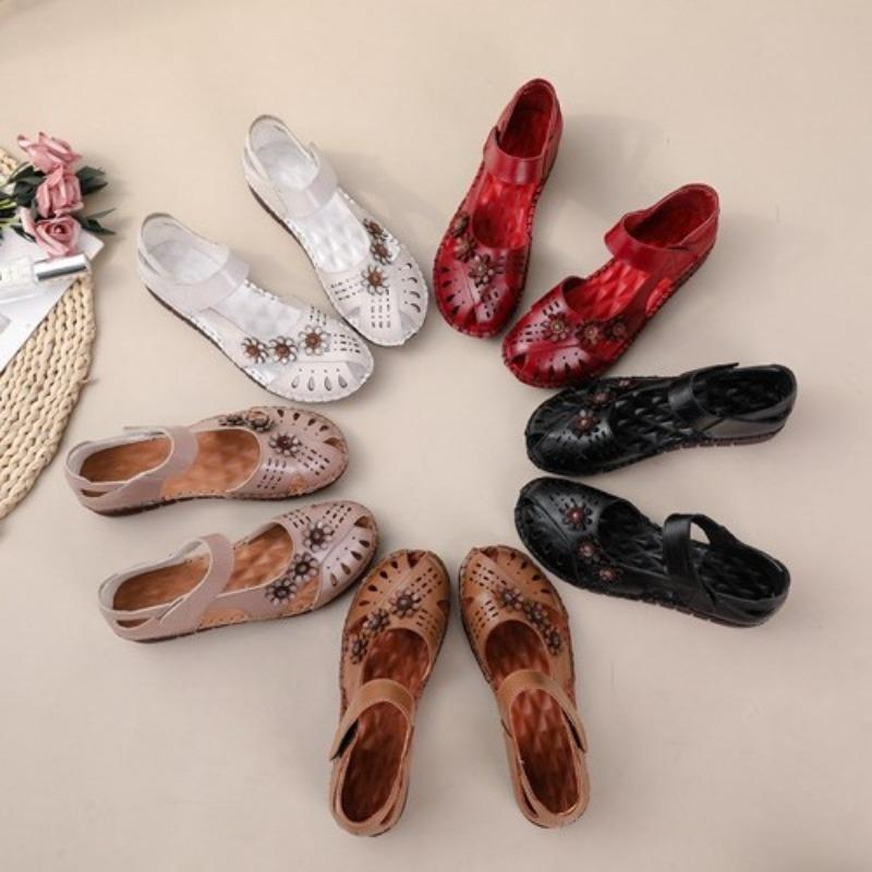 Sandals Women's Genuine Leather Beef Tendon Sole Spring and Summer Fish Mouth Flower Hollow Velcro Non-slip Soft Sole Comfortable