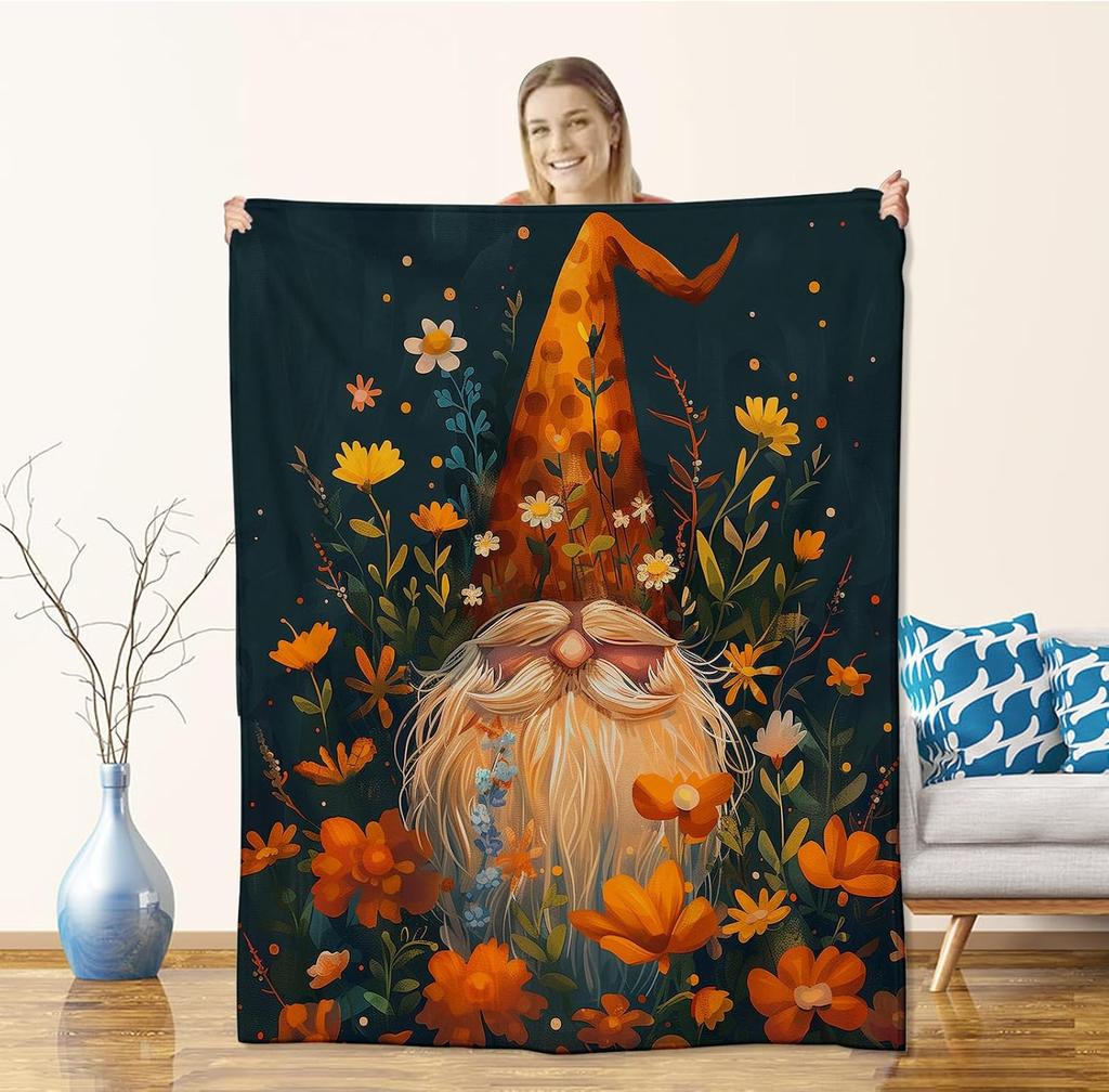 GUOYU Blanket Gnome Blanket for Women Adults Flannel Blankets Gifts Gnome Flower Design Soft Cozy Throw for Sofa Couch Living Room