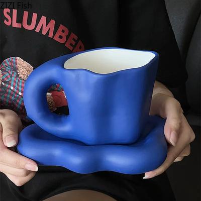 Blue Ceramic Mug Office Water Cup Afternoon Tea Coffee Cup Saucer Set Breakfast Milk Cup European Home Creative Drinking Set