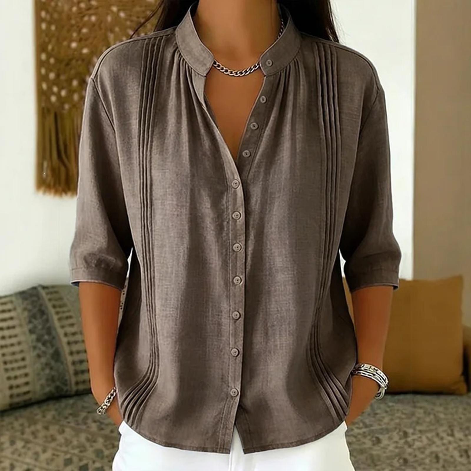 

Women Casual Denim Collar Spliced Linen Cotton Shirt Blouse Button Down Long Sleeve Lightweight Breathable Top XL кавовий